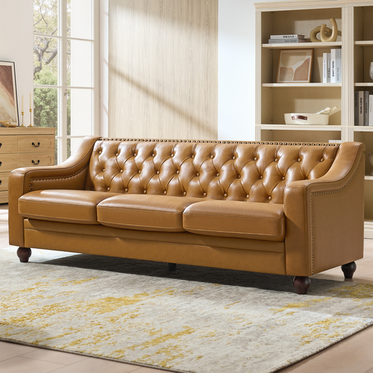 AMERLIFE Modern Genuine Leather Chesterfield Sofa Curved Arms