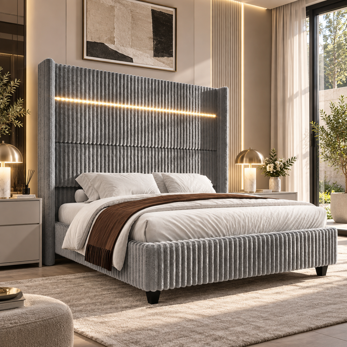 Warren Upholstered Bed Frame with LED Lights-Queen-Grey