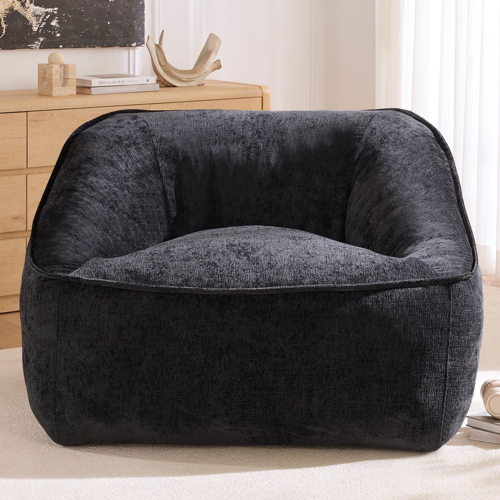 Amerlife Oversized Bean Bag Lounge Chair-Black Chenille