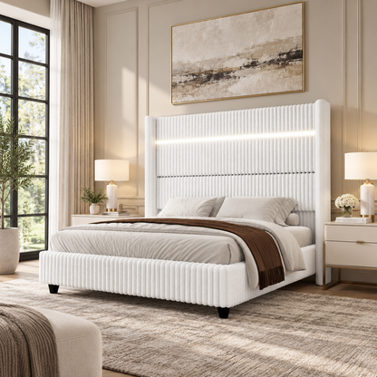 Warren Upholstered Bed Frame with LED Lights-King-White