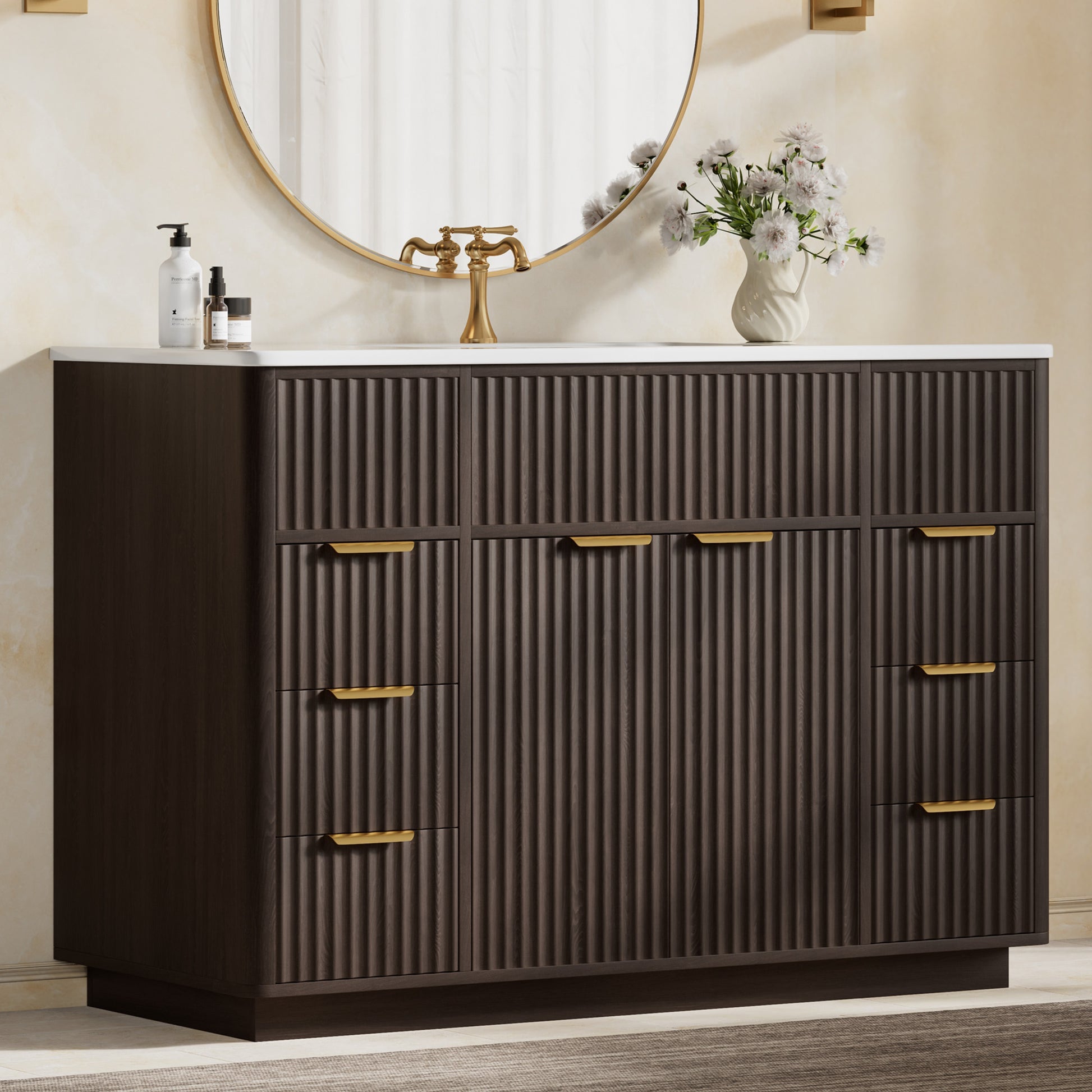 Modern Fluted Bathroom Vanity Collection - 48‘’-brown