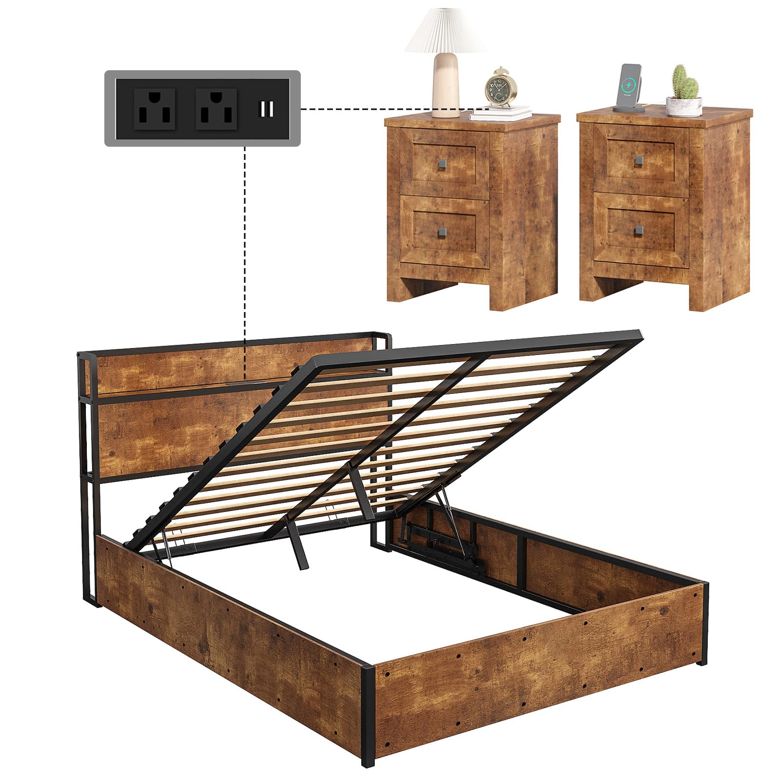 Scribe Storage Bed & 2 Nightstands 3-Piece Set Queen Rustic Brown