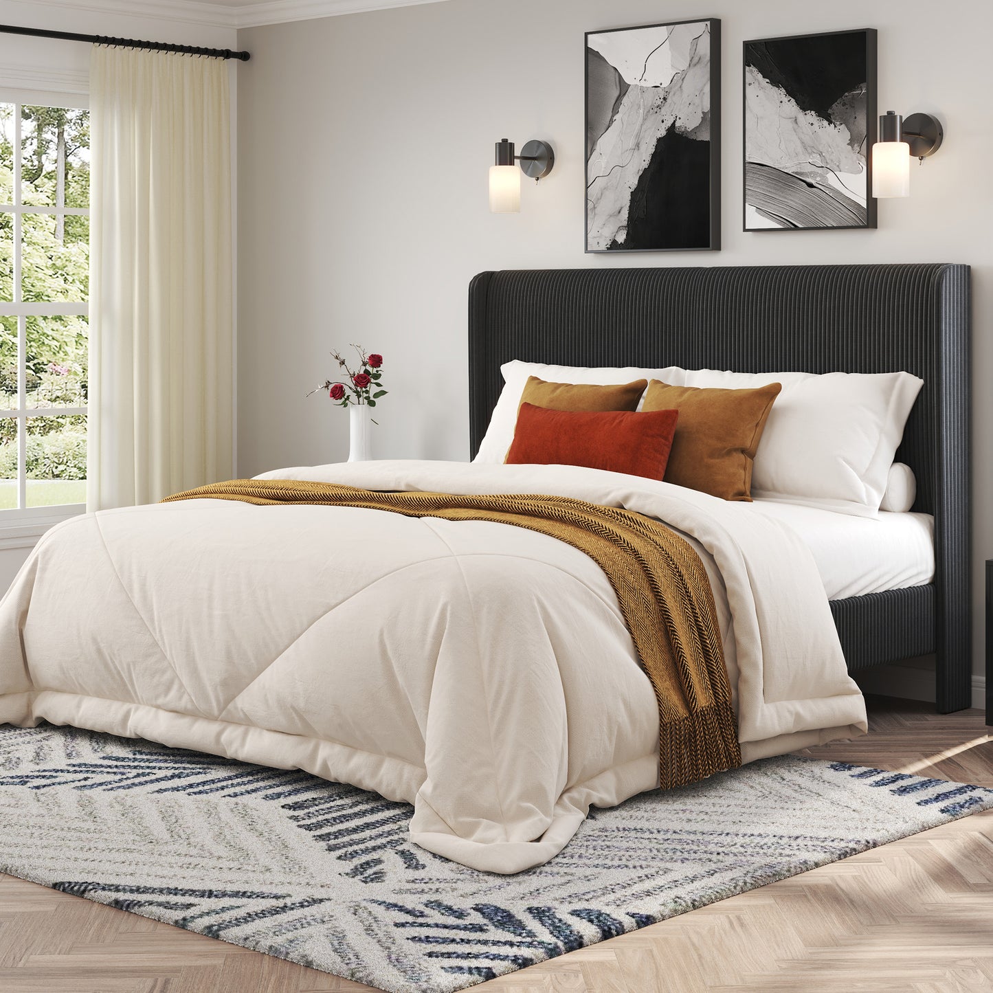 Corduroy Upholstered King Bed Frame-Black