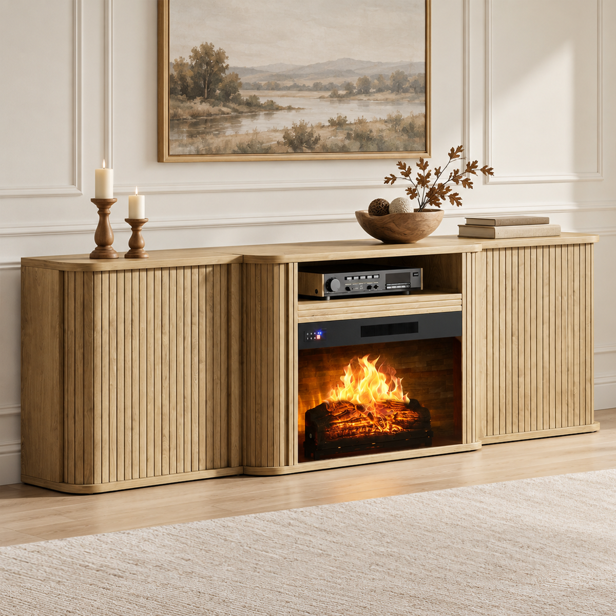 Arden Fluted Electric Fireplace TV Stand-70"-Natural Oak