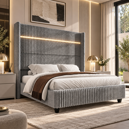 Warren Upholstered Bed Frame with LED Lights-California King-Grey