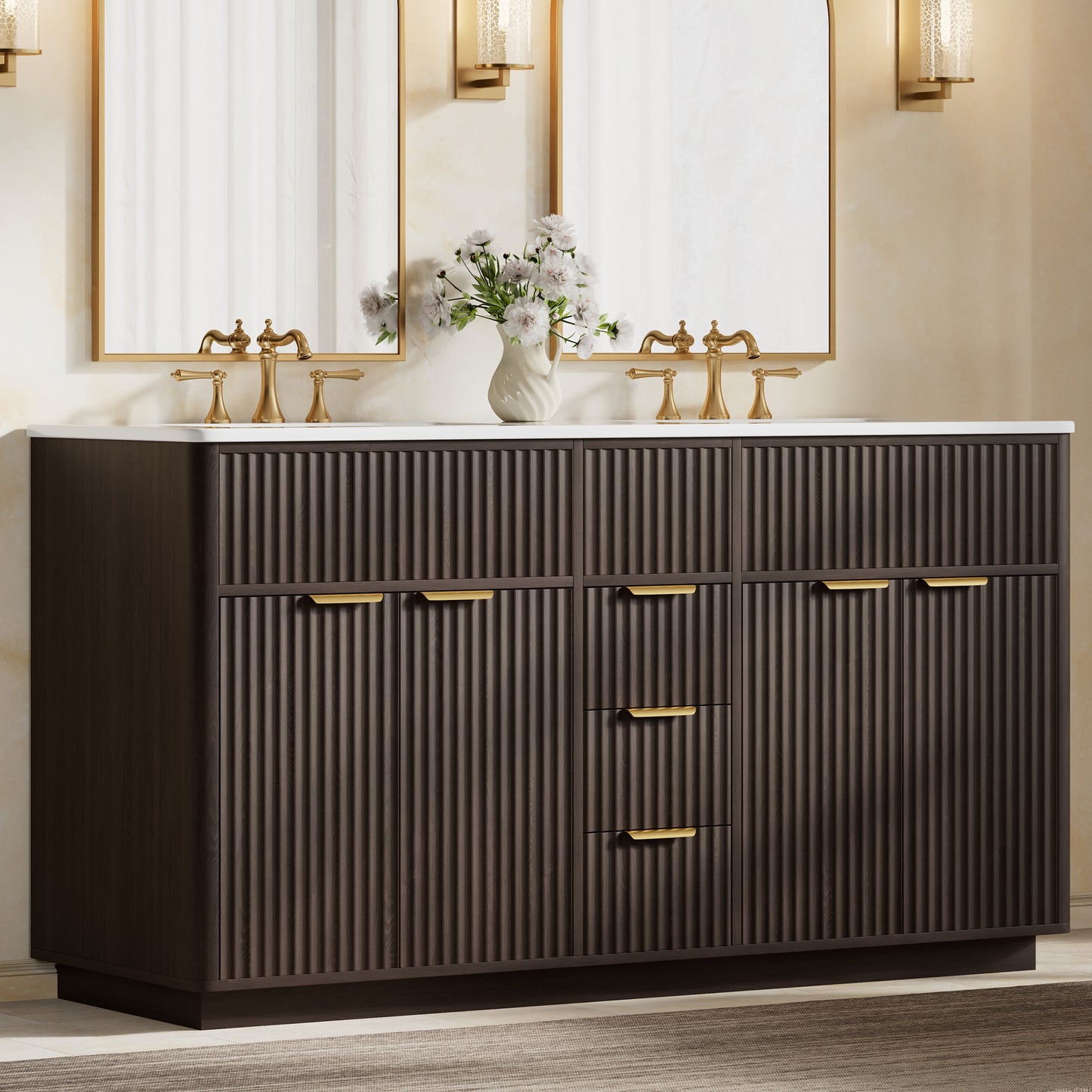 Modern Fluted Bathroom Vanity Collection - 60‘’-brown