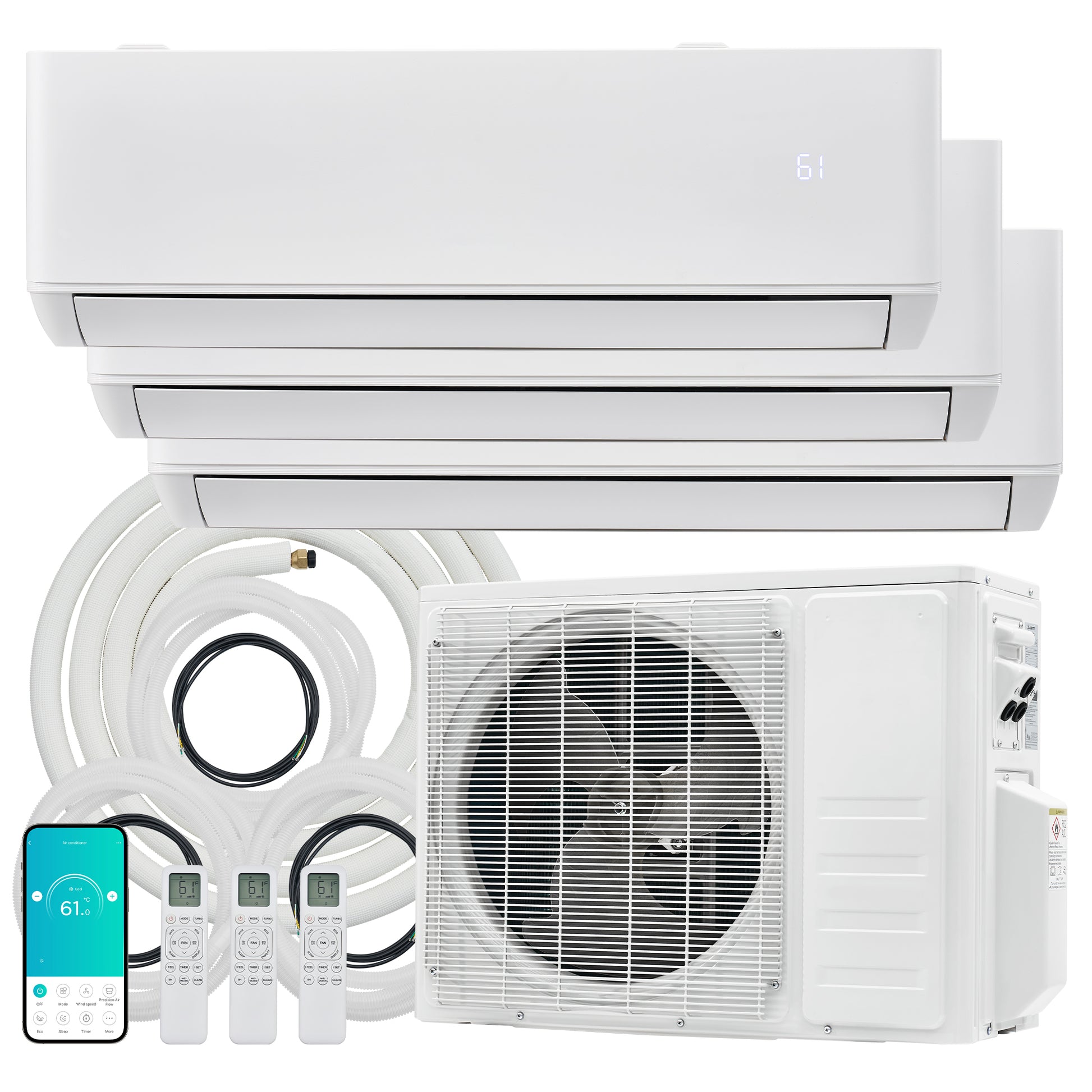 Multi-Zone Ductless Mini Split AC and Heating System (2 & 3 Zone)-3 Zone 28000 BTU (9k+12k+12k)-WIFI