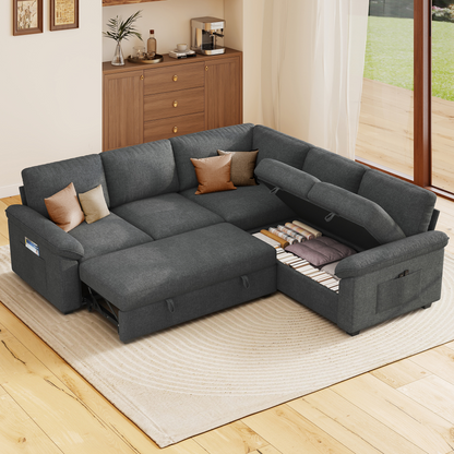 Sleeper Sectional Sofa with Pull Out Bed & Storage-81" | 5-Seater | Fixed backrest-Gray