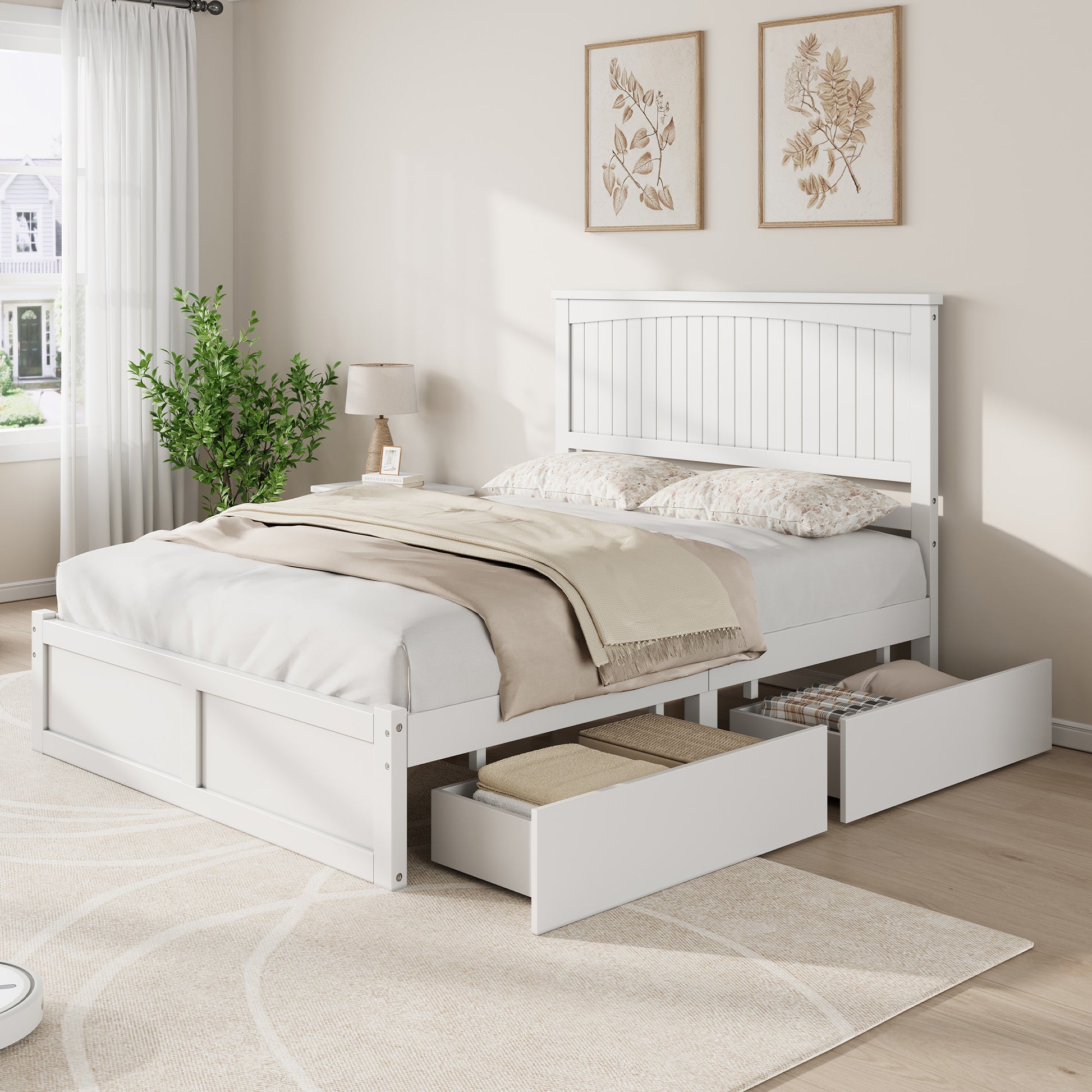 Solid Wood Platform Bed Frame-Full-Coastal White