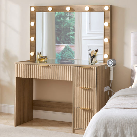 Glow 36.2" Fluted Vanity Desk Amerlife Natural Wood