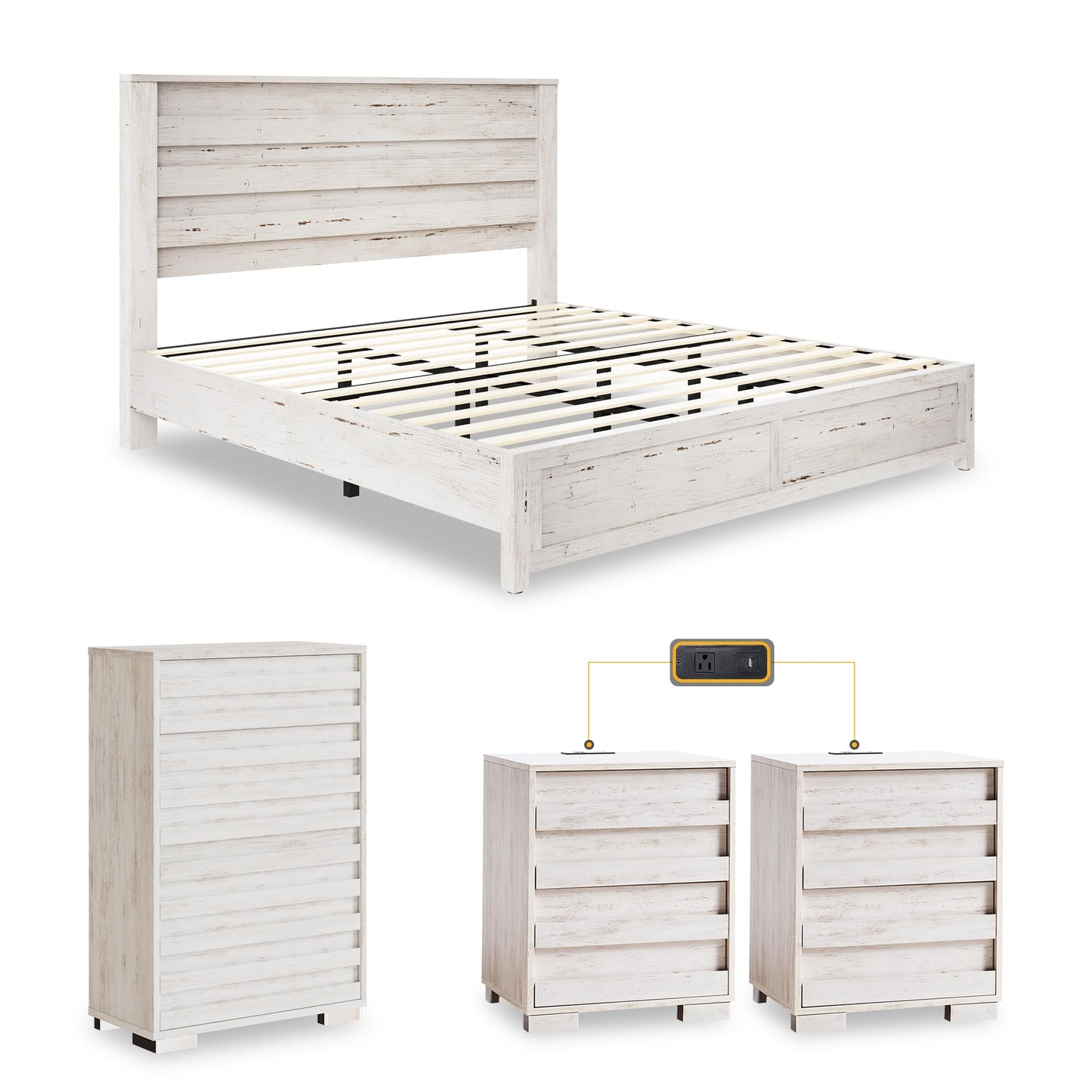 3 Piece Bedroom Set-Q-Distressed White
