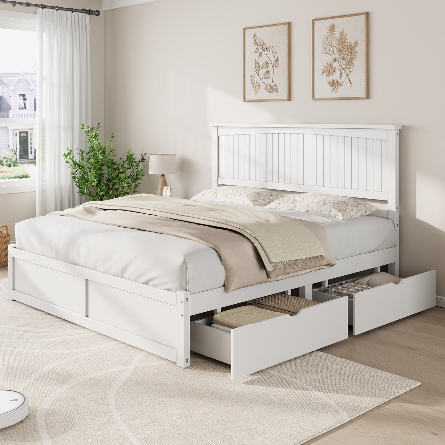Solid Wood Platform Bed Frame-King-Coastal White
