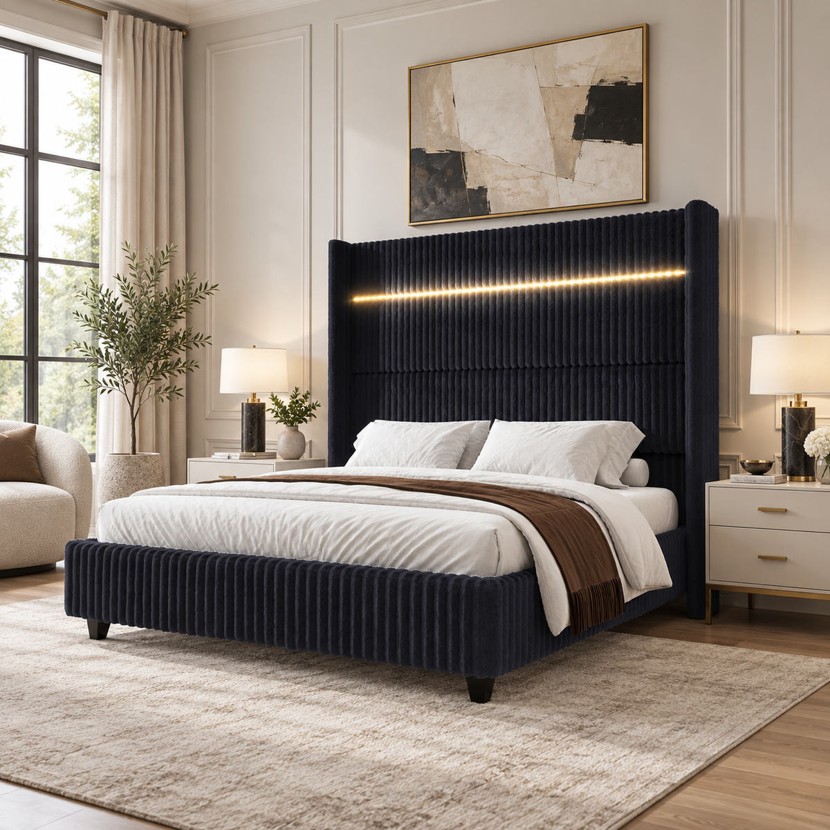 Warren Upholstered Bed Frame with LED Lights-King-Black