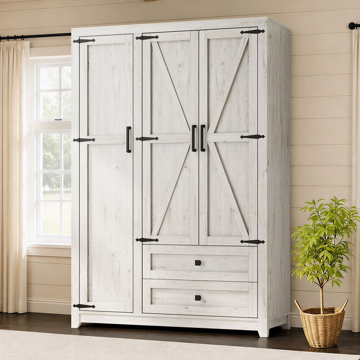 Barn 3 Door Farmhouse Wardrobe Closet-Distressed White