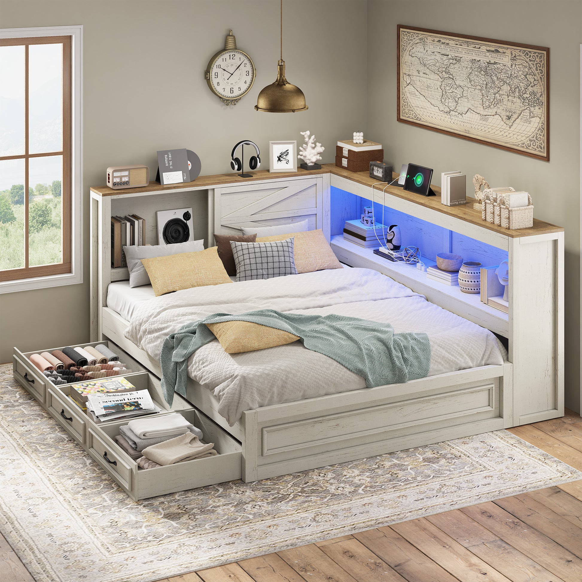 Slide Farmhouse Corner Bed Frame Amerlife White / Full