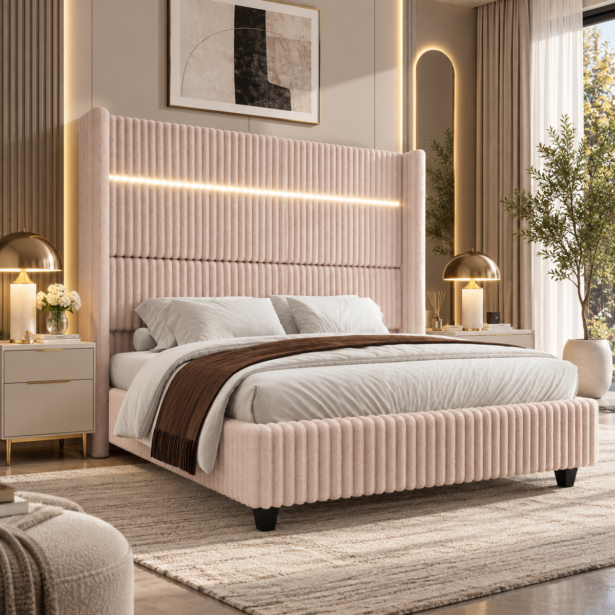Warren Upholstered Bed Frame with LED Lights-California King-Beige