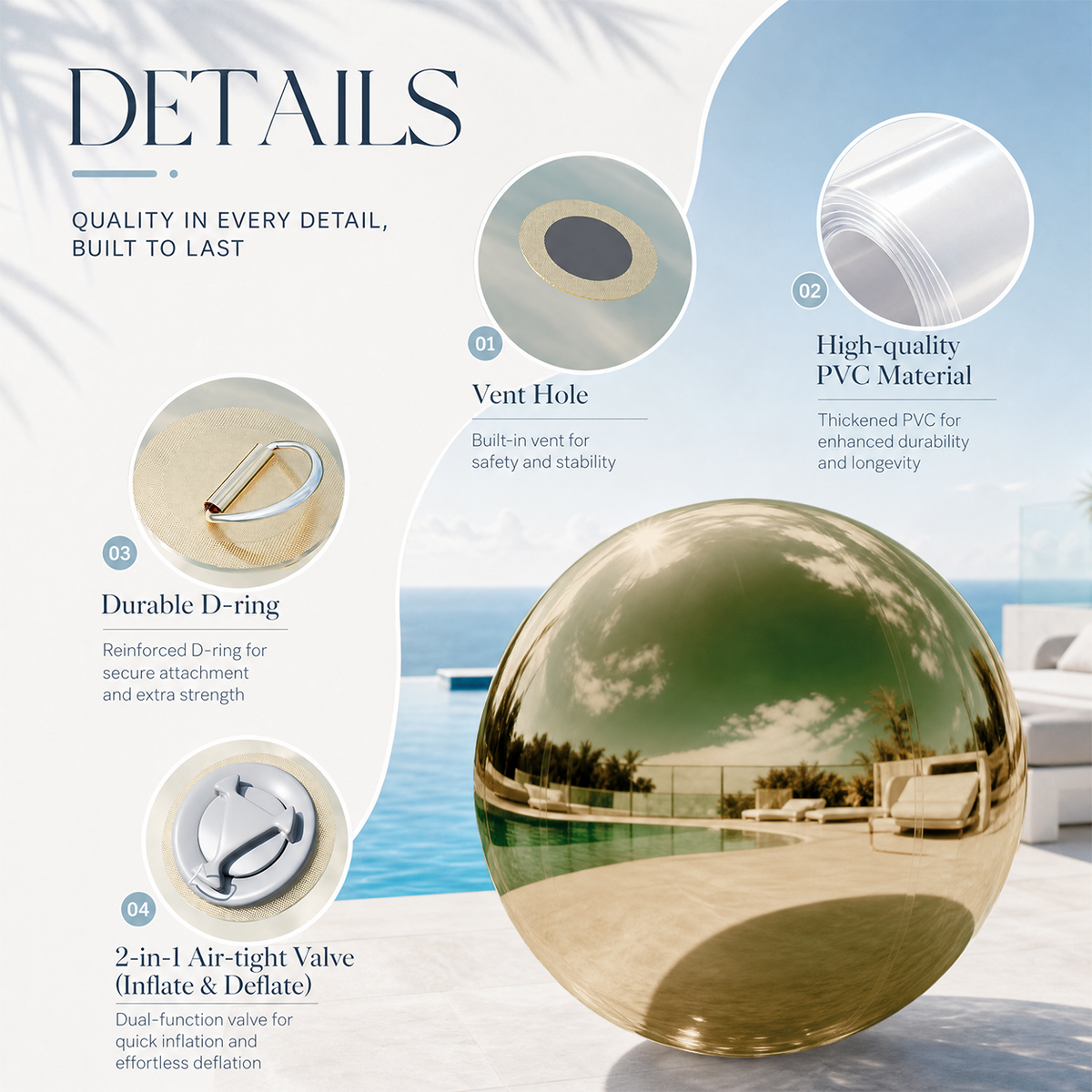 Vibe Reusable Inflatable Mirror Balls for Disco Parties & Events-3PCS-19.7"+31.5"+39.4"-Gold