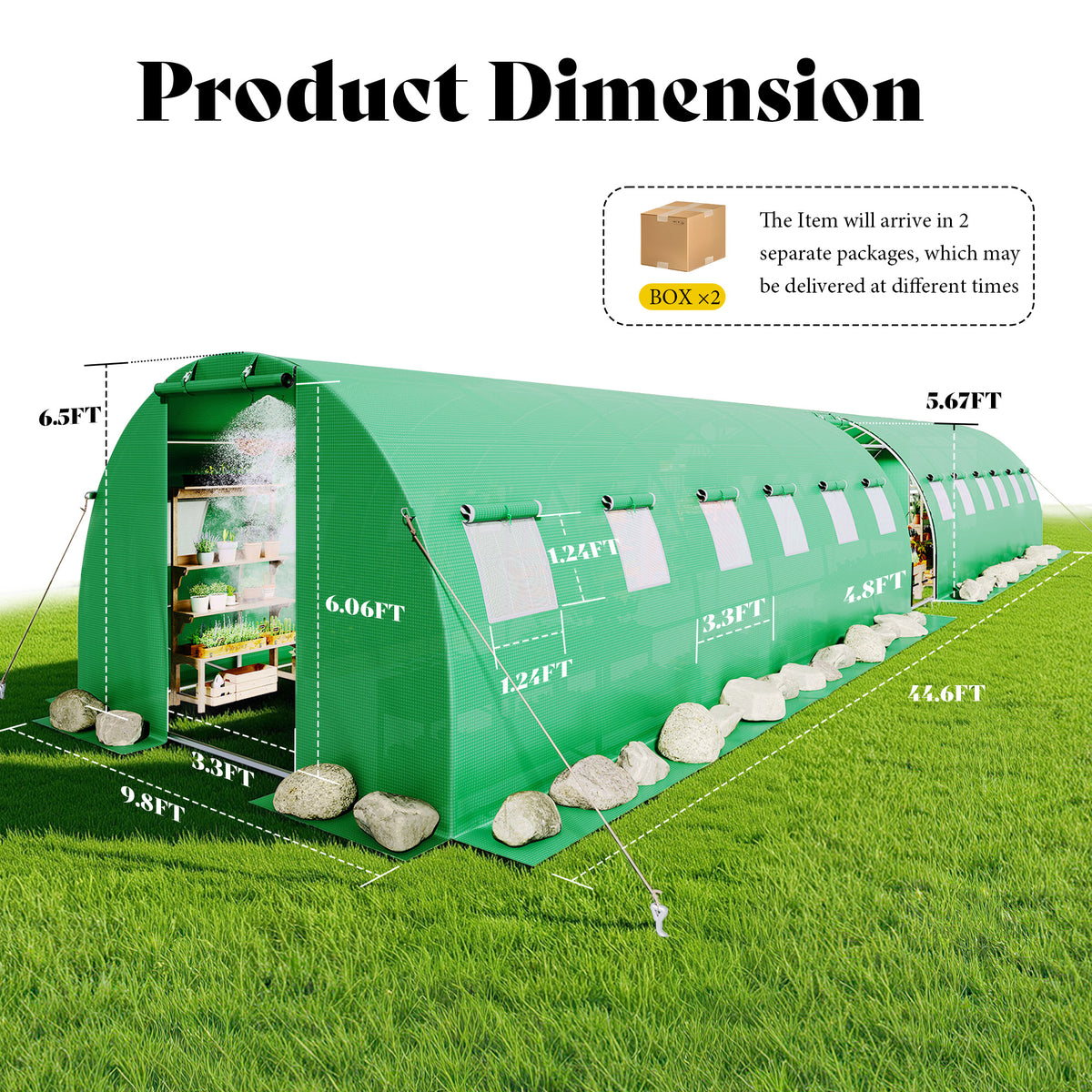 Canopy Large Walk-In Outdoor Greenhouse with Misting System-44x10 FT - Frame NOT Included-Green