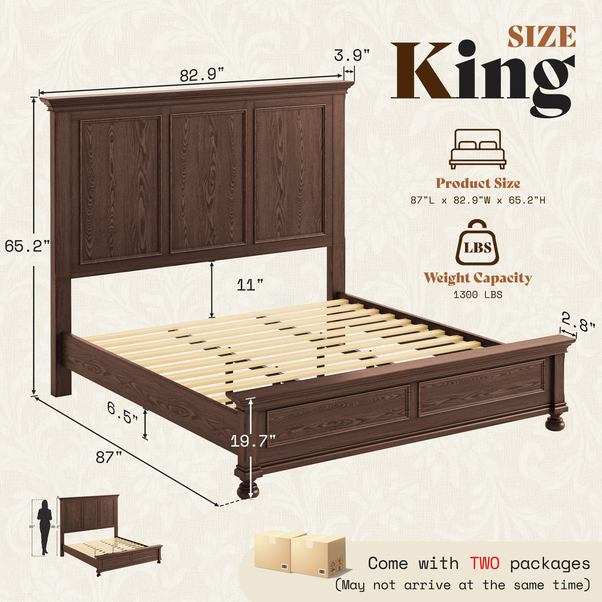 Bobbin Solid Wood Platform Bed-Brown-King