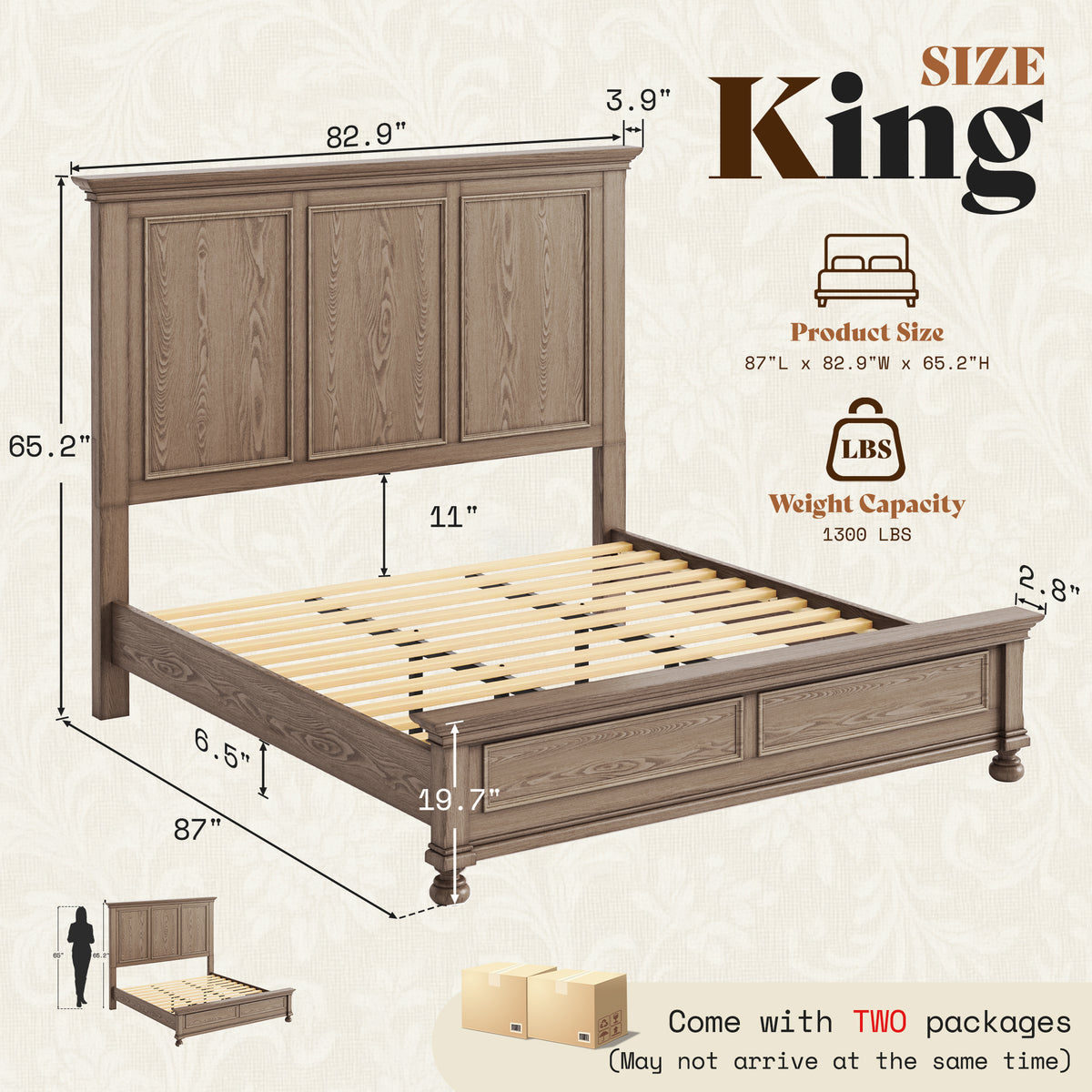 Bobbin Solid Wood Platform Bed-Taupe Gray-King
