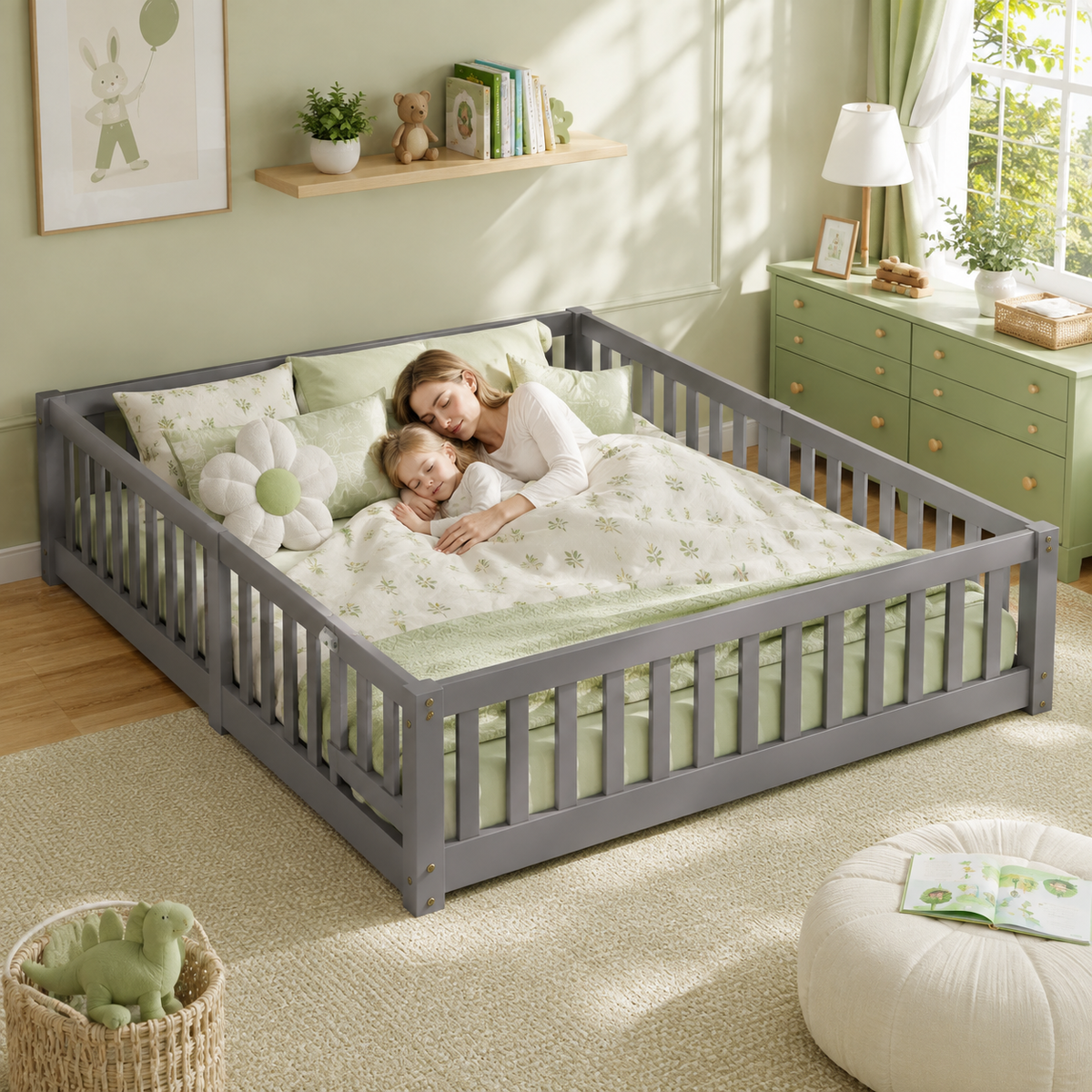 Solid Wood Toddler Floor Bed with Safety Rails