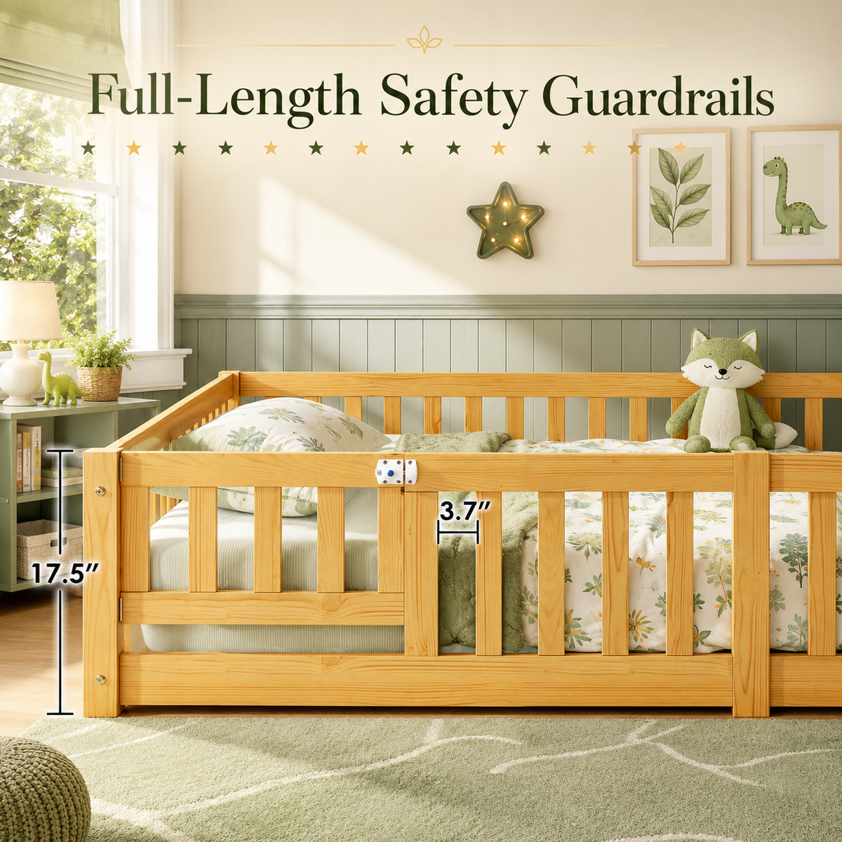 Solid Wood Toddler Floor Bed with Safety Rails