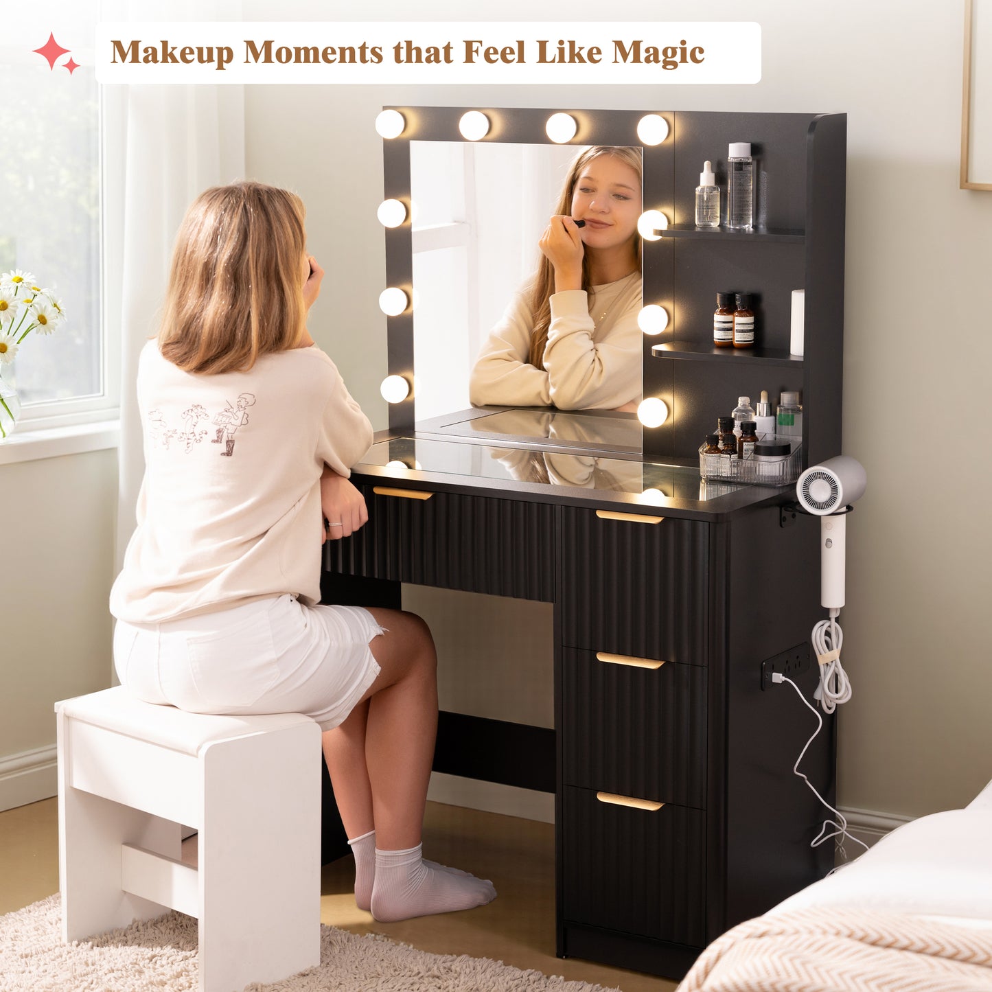 Glow 36.2" Fluted Vanity Desk Amerlife Black