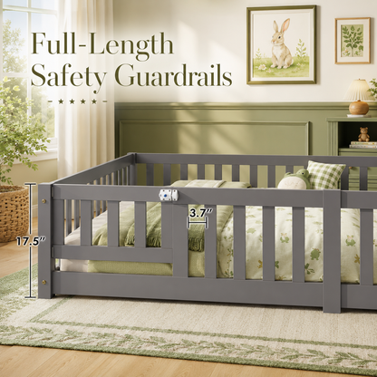 Solid Wood Toddler Floor Bed with Safety Rails