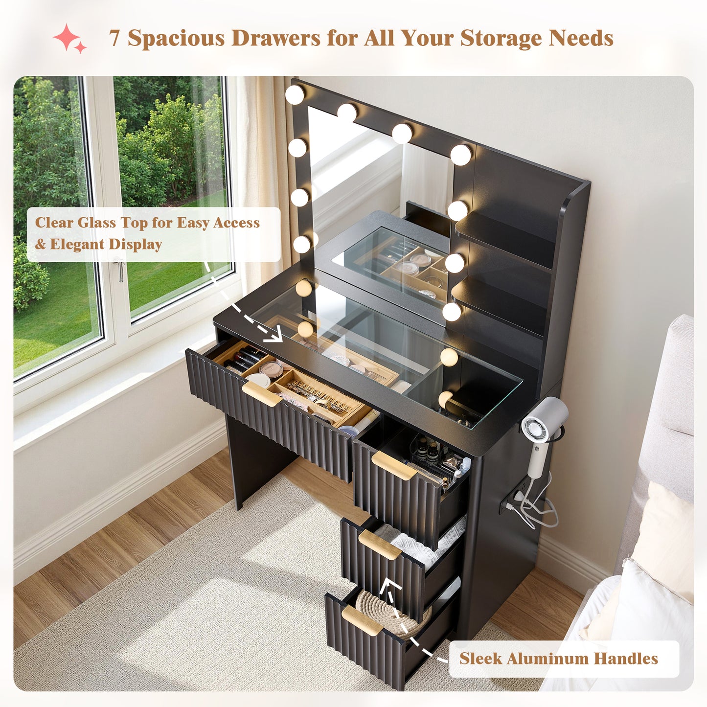 Glow 36.2" Fluted Vanity Desk Amerlife Black