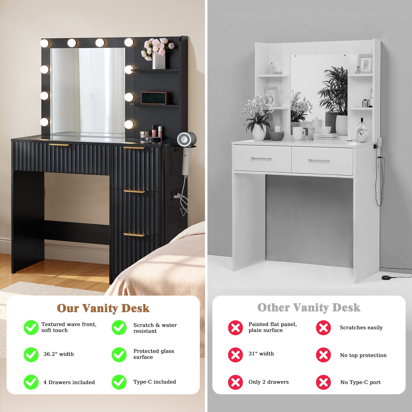Glow 36.2" Fluted Vanity Desk Amerlife Black