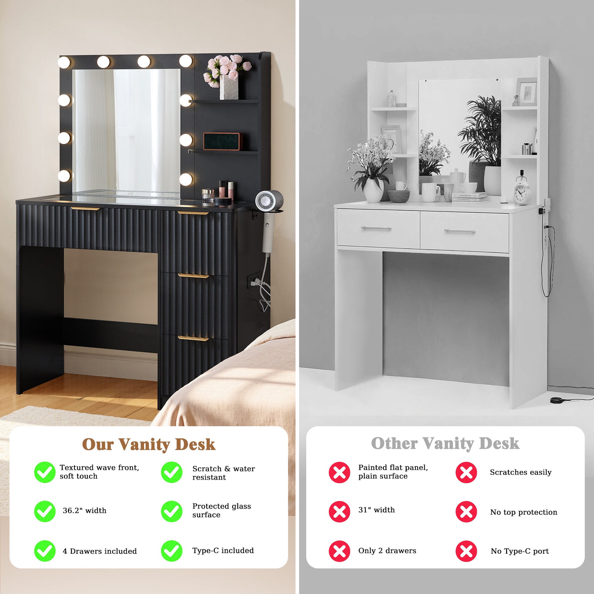 Glow 36.2" Fluted Vanity Desk Amerlife Black