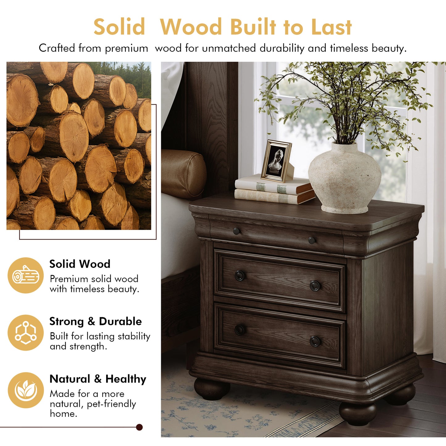 Bun Fully Assembly Wood Nightstand Amerlife Brown / 30" W