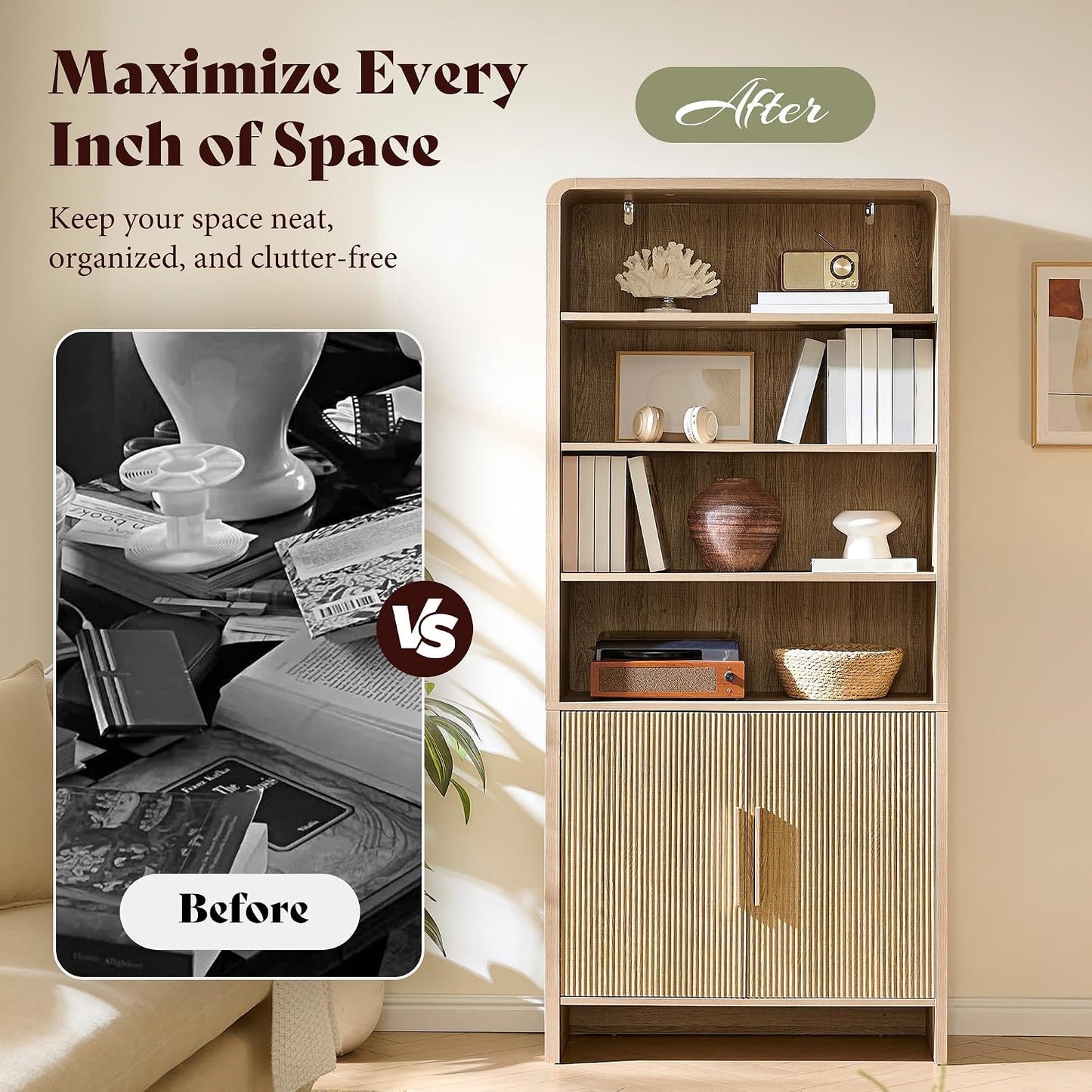 Arcova 71" Tall Fluted Bookshelf Amerlife Natural