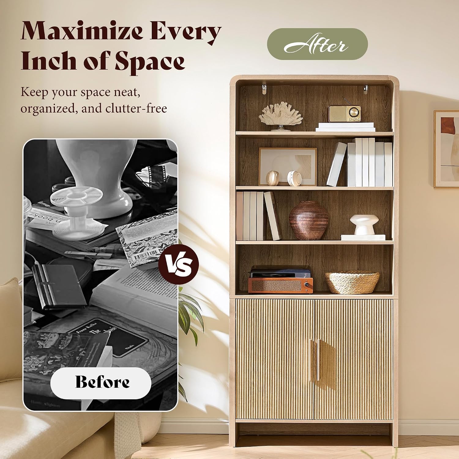 Arcova 71" Tall Fluted Bookshelf Amerlife Natural