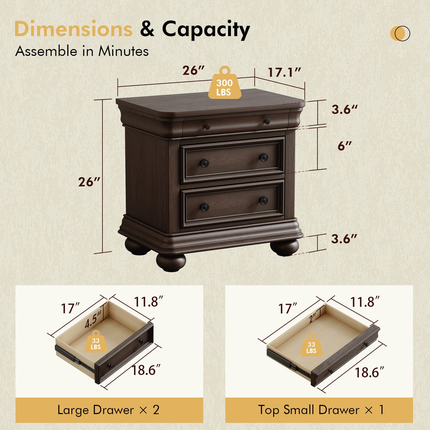 Bun Fully Assembly Wood Nightstand Amerlife Brown / 30" W