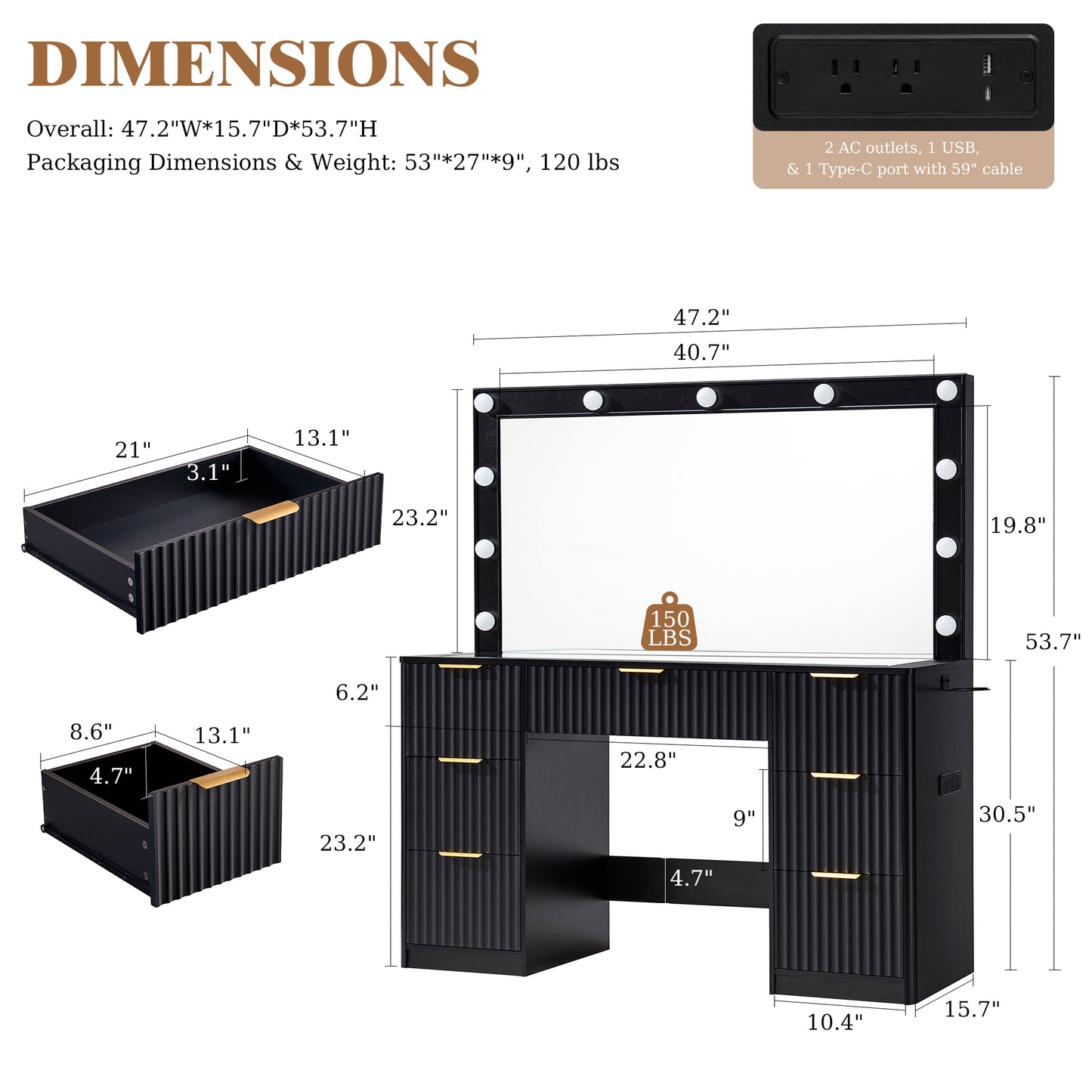 Glow 47.2" Fluted Vanity Desk Amerlife Black