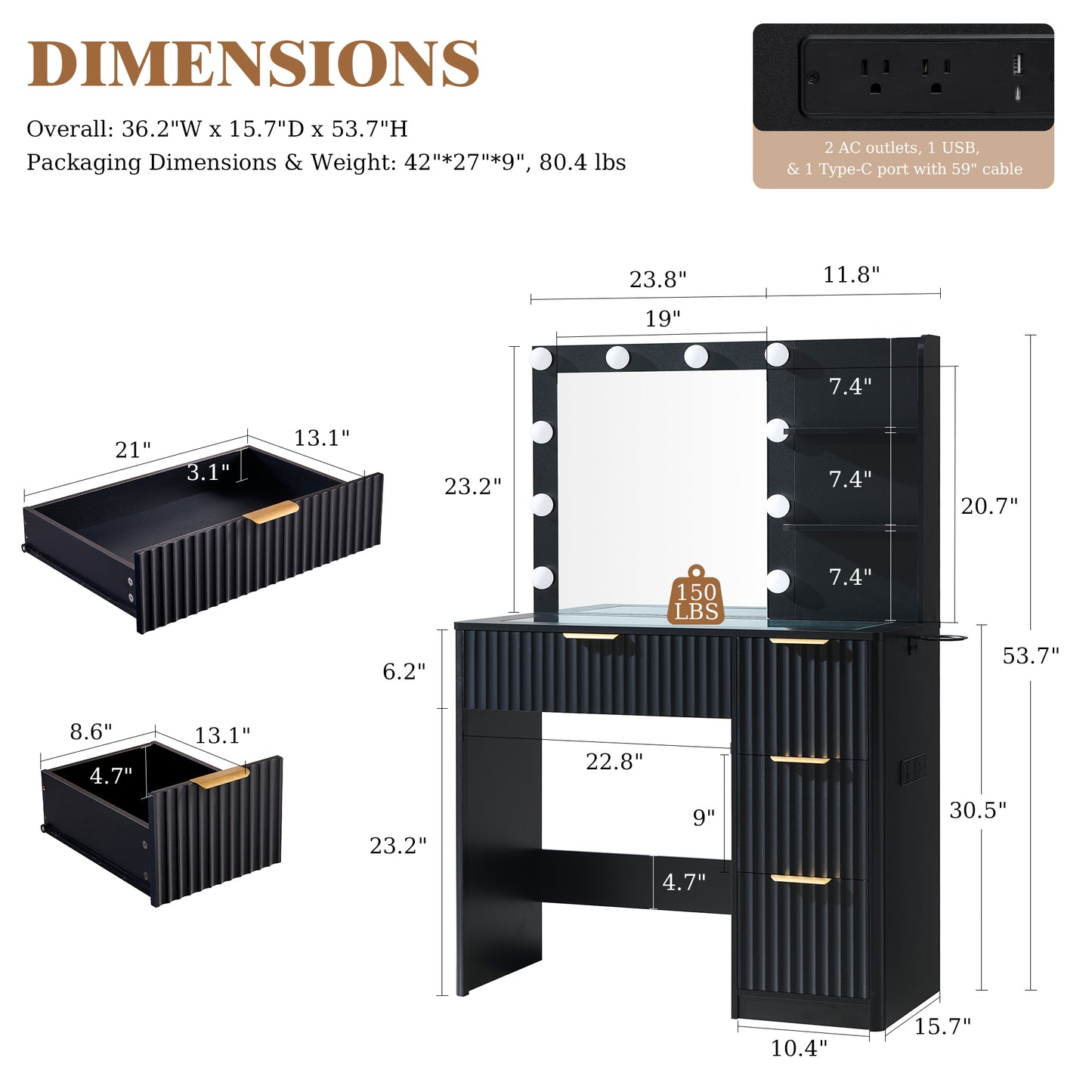 Glow 36.2" Fluted Vanity Desk Amerlife Black