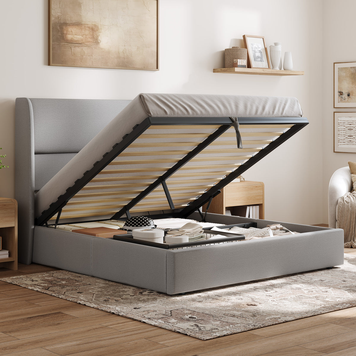 Haven Upholstered Hydraulic Storage Bed Frame-King-Light Grey