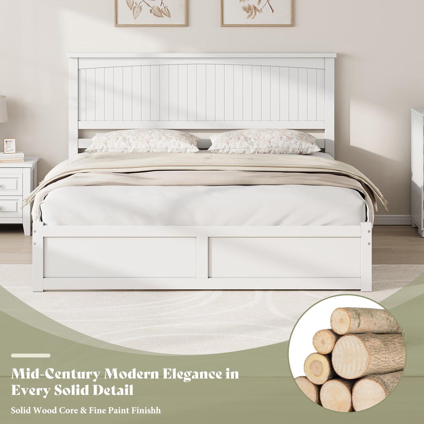 Solid Wood Platform Bed Frame-King-Coastal White