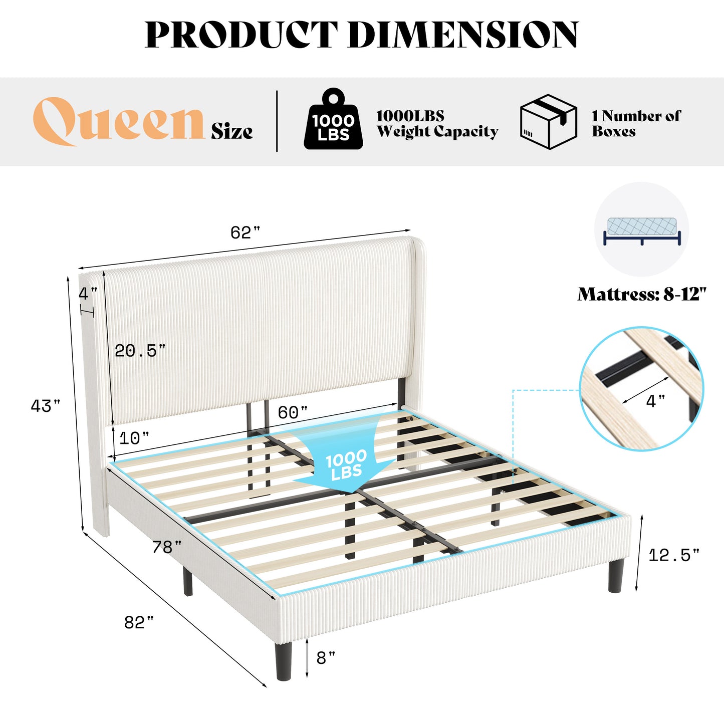 Corduroy Upholstered King Bed Frame-White-Queen