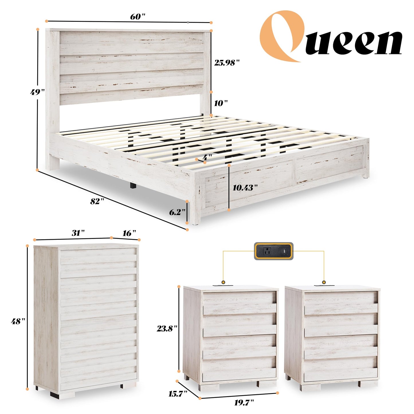 3 Piece Bedroom Set-Q-Distressed White