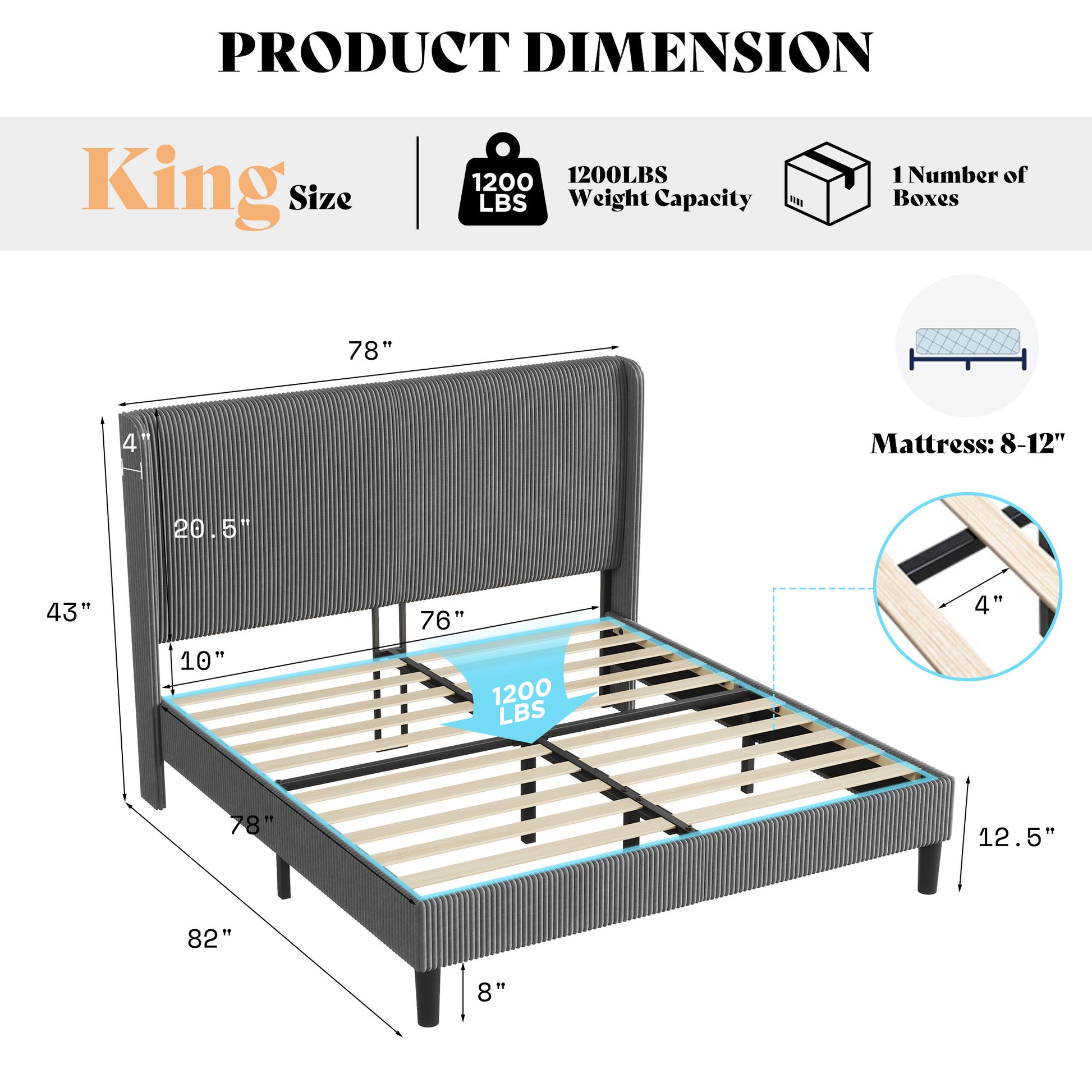 Corduroy Upholstered King Bed Frame-Grey-King