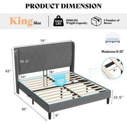 Corduroy Upholstered King Bed Frame-Grey-King