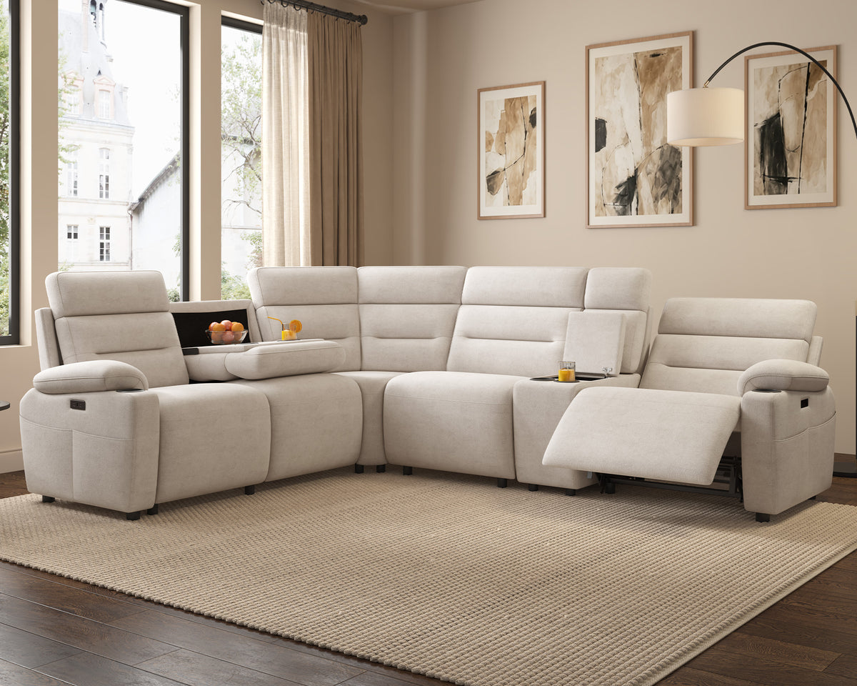 L-Shaped Power Reclining Sectional Sofa with Console-5-Seat L-Shaped-Beige