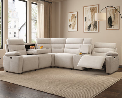 L-Shaped Power Reclining Sectional Sofa with Console-5-Seat L-Shaped-Beige