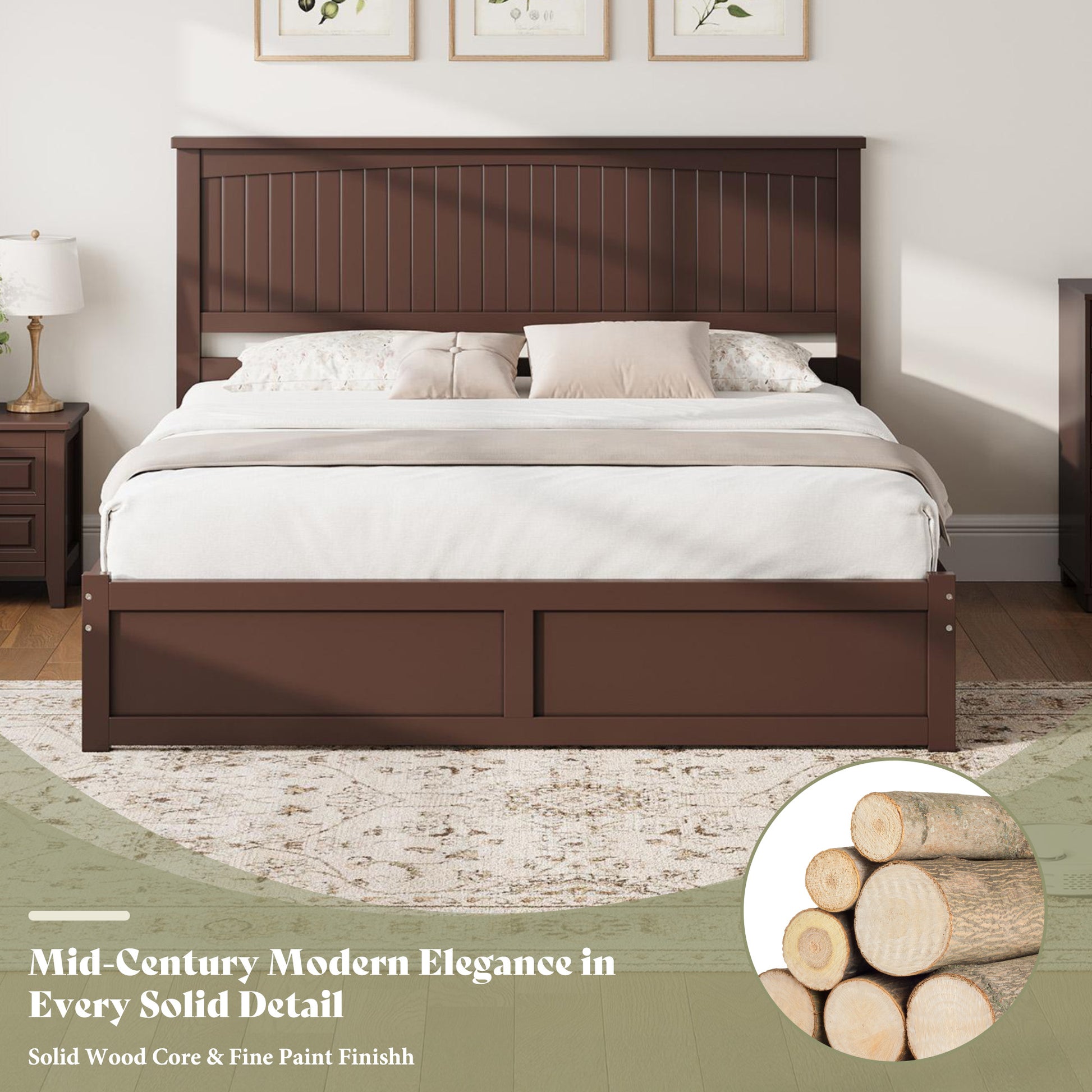 Solid Wood Platform Bed Frame-King-Espresso Brown