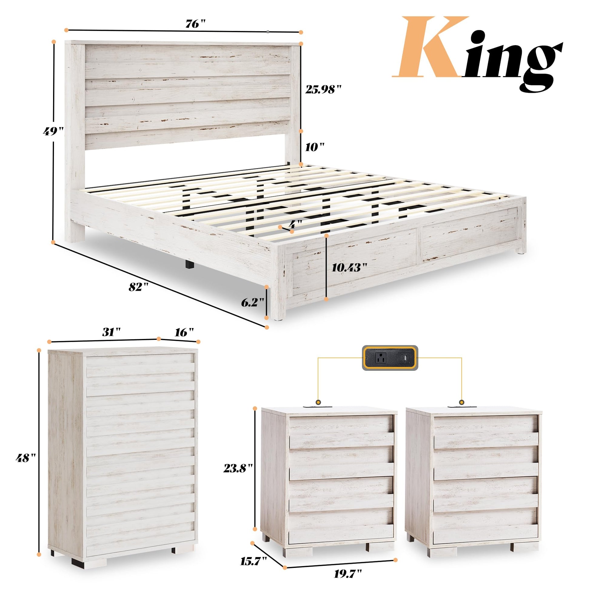 3 Piece Bedroom Set-K-Distressed White