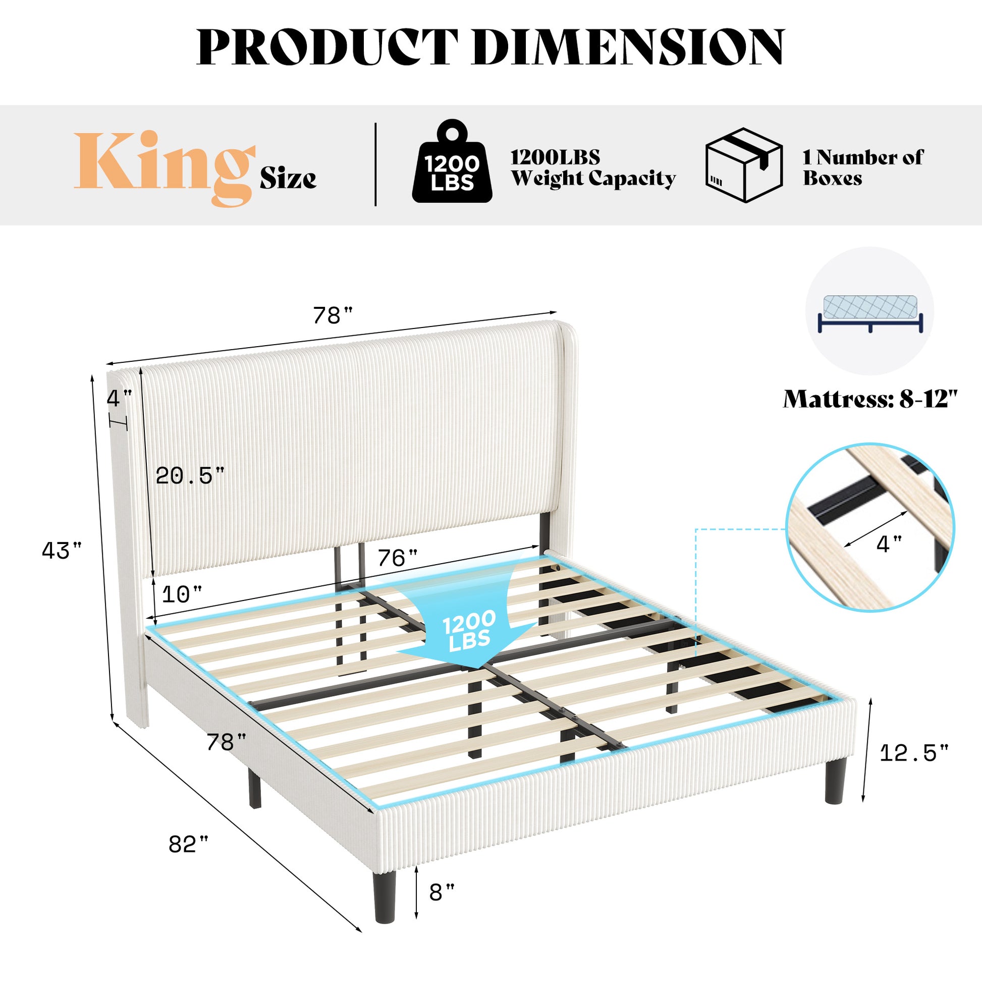 Corduroy Upholstered King Bed Frame-White-King