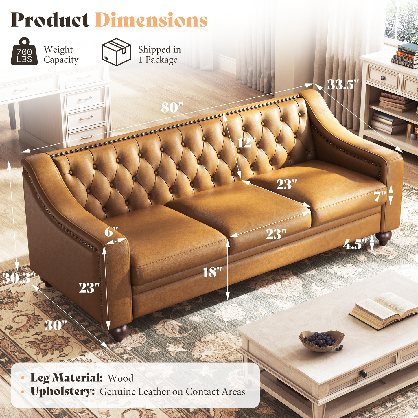AMERLIFE Modern Genuine Leather Chesterfield Sofa Curved Arms