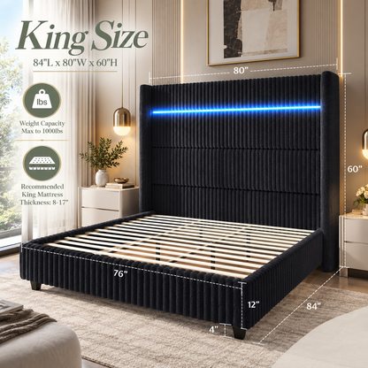 Warren Upholstered Bed Frame with LED Lights-King-Black